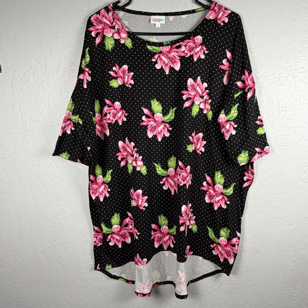 LuLaRoe Womens L Black Pink Floral Polka Dot Dolman Sleeve Tunic Top NWOT